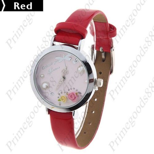 Dragonfly Flowers PU Leather Strap Quartz Wrist Wristwatch Women&#039;s Red