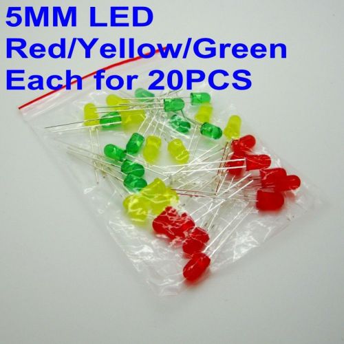 60PCS 3-Types 5mm LED Red/Yellow/Green Assortment Kit Set 20pcs for Each