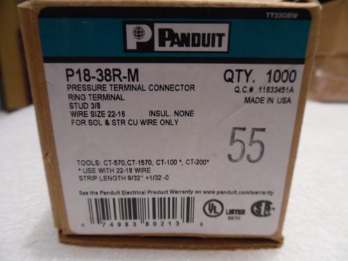 Panduit p18-38r-m ring terminal, 22 – 16 awg, 3/8&#034; stud size nib 1000 pkg for sale