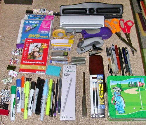 HUGE Office Supplies Lot Post-Its Staplers Hole Punches Golf Game Fuji Film DVD
