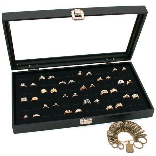 Black Glass Top Jewelry Display 72 Ring Case Box Bonus