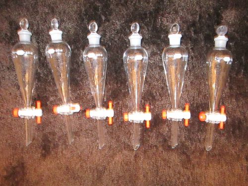 Lot of 6 Kimax Glass 60 ml Separatory  Funnels PTFE stopcock w/#16 Stoppers