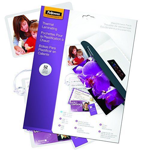 Fellowes laminating pouches, thermal, kit, assorted sizes, 3 mil, 52 pack for sale