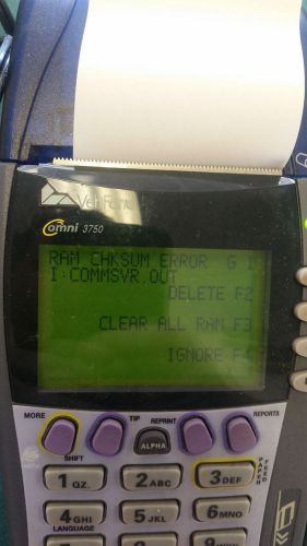 Verifone omni 3750 with power cord, powers on, displays  RAM message
