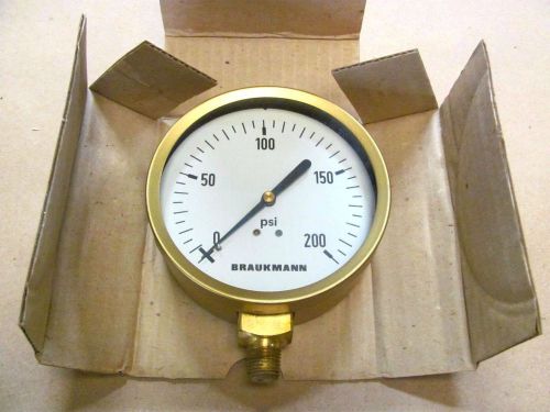Vintage Braukman 0-200 PSI Dry Gauge, 4&#034; Diameter, With 1/4&#034; Threaded Connector
