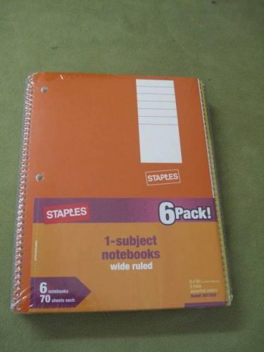 STAPLES 201350 1 SUBJECT NOTEBOOK 6 PACK WIDE RULES 8 X 10 1/2 ASSORTED COLORS