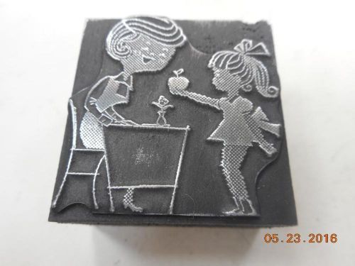 Letterpress Printing Block, Little Girl Gives Teacher an Apple, Type Cut