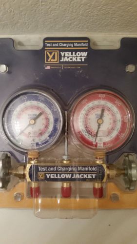 Yellow Jacket 42001 Series 41 solid brass manifold, red &amp; blue 3 1/8 gauges,