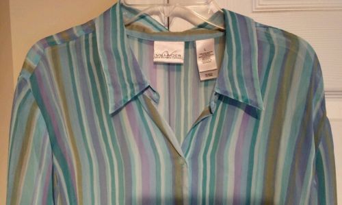 Liz Claiborne Villager Aqua Striped Sheer Blouse L 12/14 swim coverup shirt top