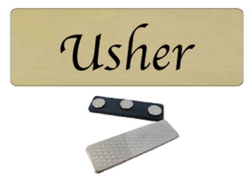 10 GOLD / BLACK CHURCH USHER NAME BADGE ROUNDED CORNERS STRONG MAGNET FASTENER
