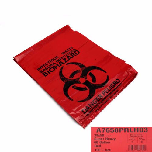 Biohazard bags - box of 100 huge red biohazard waste liners. 60 gal., 1.3 mil for sale