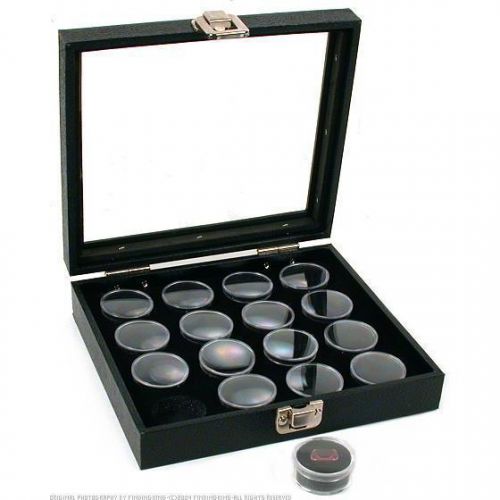 16 Gem Jars Black Display Tray Glass Lid Travel Case