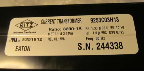 NEW RITZ/ EATON 9253C03H13 GROUND FAULT SENSOR/ CURRENT TRANSFORMER 3200:1A, US $184.50 – Picture 1