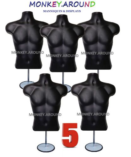 5 Male Mannequin Black Body Display Men Clothing Shirt Tops Hanging Form + Stand
