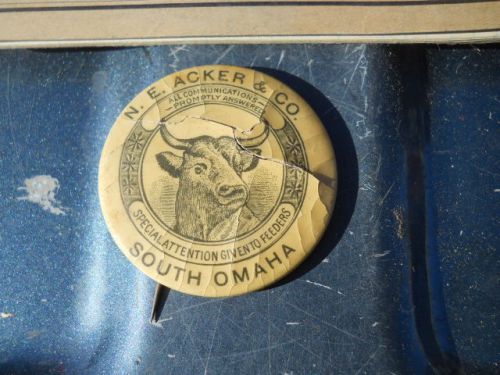 Rare South Omaha Union Stockyards N E Aker Co Bull Cattle Buyer Hoag Pin Button