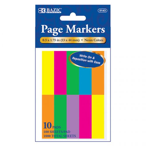 BAZIC 100 Ct. 0.5&#034; X 1.75&#034; Neon Page Marker (10/Pack)  of-24