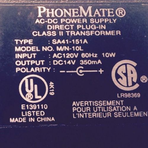 Genuine Phone Mate 120v AC to 14v DC Power Supply M/N-10 L- Type: SA41-151A