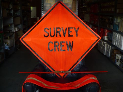 Survey Crew Roll-Up Sign With Corner Pockets &amp; Fiberglass Ribs and Case, Used