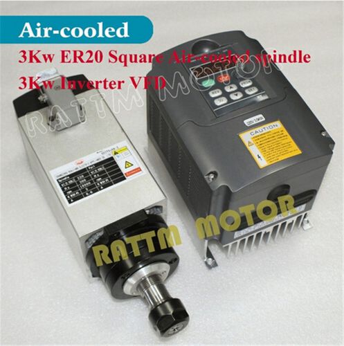 3KW Square Air Cooled Spindle Motor ER20+3KW Inverter VFD 220V for CNC Router