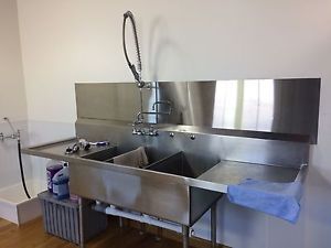 3 Bowl Three Compartment Stainless Sink w/ 2 Drain Boards, Large Spray Faucet