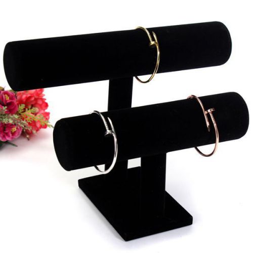 Black Velvet Double Tier T-Bar Bracelet Jewelry Display Stand Holder