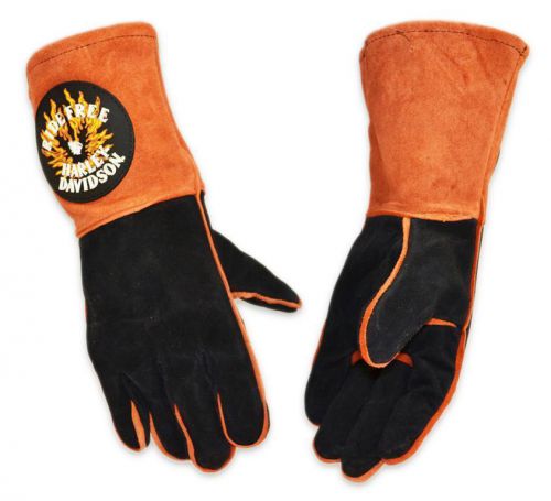 Harley Davidson RIDE FREE Orange &amp; Black Leather Kevlar Welding Gloves Size: L