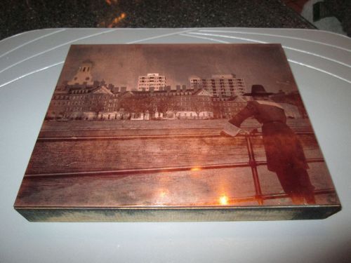Vintage Copper on Wood Plate Stamp ~ Colonial Pilgrim Man Looking Over City