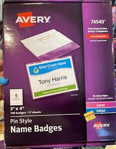 Avery 74540 3 in. x 4 in. Top-Loading Pin-Style Name Badges 100 Name Tags $34.99