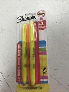 4 Sharpie Highlighters Narrow Chisel Tip Neon Yellow Orange Pink Permanent Mark.