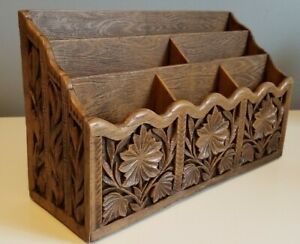 Vintage Witco-style Faux wood CARVED BAMBOO DESK ORGANIZER Island Tiki LERNER NY