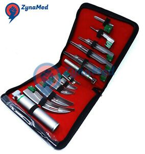 SET OF 12 FIBER OPTIC MAC &amp; MILLER LARYNGOSCOPE BLADE+ HANDLE INTUBATON kit