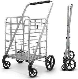 Grocery Utility Flat Folding Shopping Cart with 360° Rolling Swivel Wheel