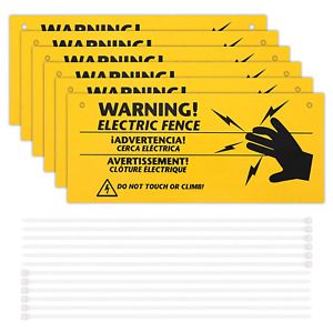 6 Pieces Electric Fence Warning Signs with 12 Pieces Zip Ties 10 x 4 Inch Yellow