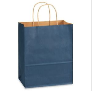 Uline Navy Tinted Kraft Shopping Bags Cub Size: 8.0 x 4.5 x 10.25 Carton of 250