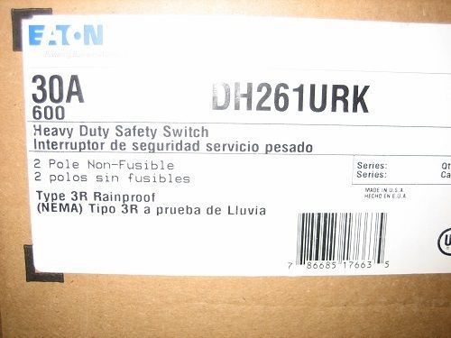 Eaton Safety Switch DH261URK  Heavy Duty 600V 30A 2P Non-Fused Nema 3R