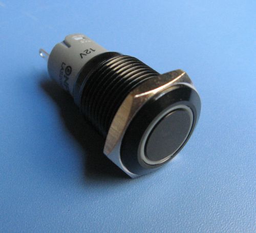 ONPOW 16mm DC12V Latching Push Button Switch White LED Black Metal
