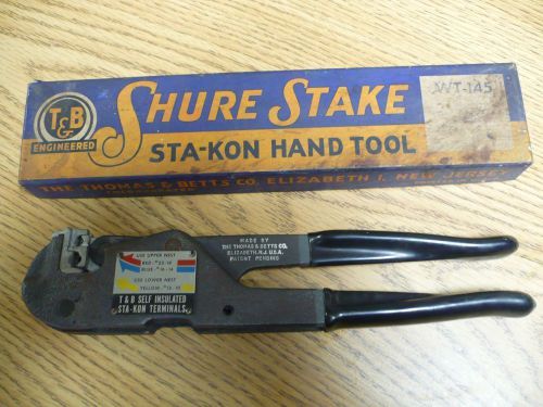 Vintage thomas &amp; betts shure stake sta-kon hand tool wt-145 crimper - in box for sale