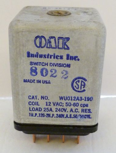 Oak Industries Relay Switch WV012A3-190 12V coil, Load 25A, 240V, 50-60 CPS Vtg