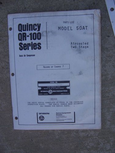1975 Quincy QR-100 Series Model 50AT Air Cooled Air Compressor Parts List R