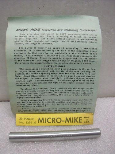 Micro-Mike Model 1354 M METRIC Pocket Pen 20x Microscope Magnifier Dumaurier Co
