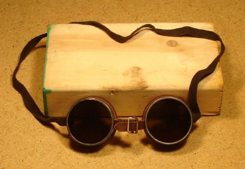 Vintage Goggles Leather Bound Cloth Strap Welding (?) Tinted Lens