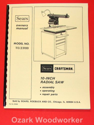 CRAFTSMAN 10&#034; Radial Arm Saw 113.23100 Owners Instructions &amp; Parts Manual 1052