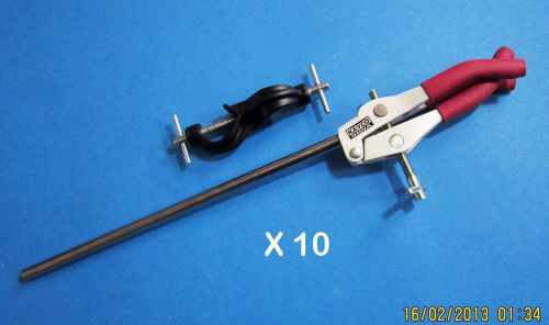 Three prong condenser clamp with boss head lot of 10 - flask handling lab aids for sale