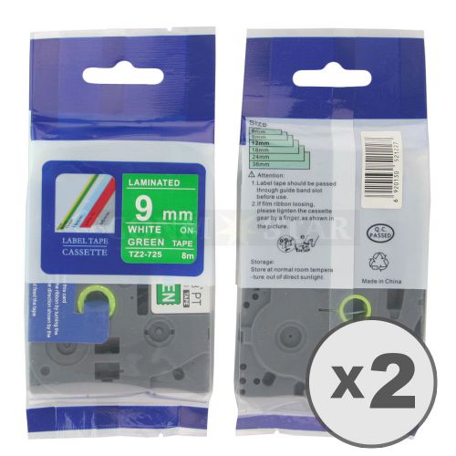 2pk white on green tape label compatible for brother ptouch tz 725 tze 725 9mm for sale