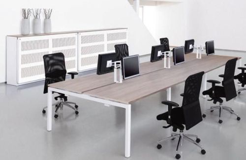 NEW - CALL CENTRE BENCH DESKS IN WALNUT WITH WHITE FRAMES  -  84 AVAILABLE