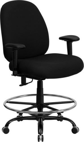 Big and tall black fabric drafting stool with arms and extra wide seat for sale