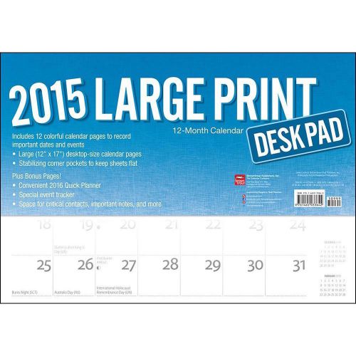 New 2015 12 Month 11 x 17 Desk Pad Wall Monthly Calendar Large Print