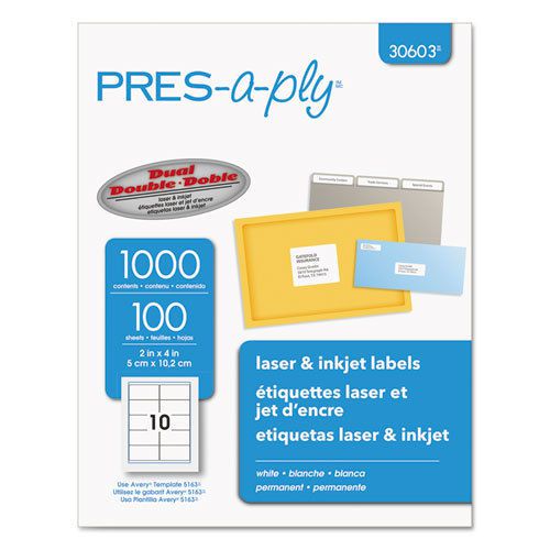 Pres-A-Ply Laser Address Labels, 2 x 4, White, 1000/Box