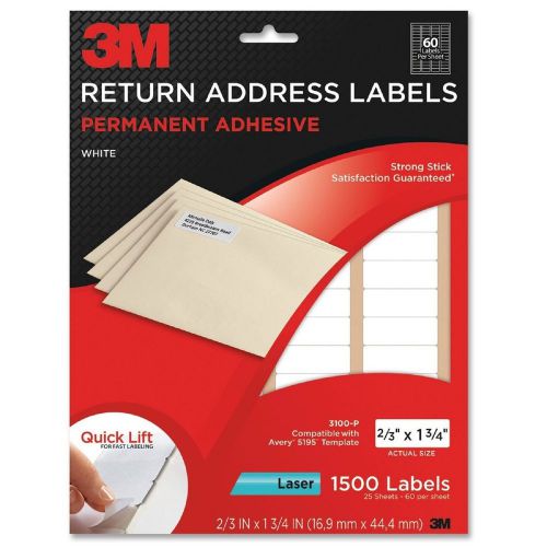 3M Permanent Adhesive Return Address Labels, 0.66 x 1.75&#034; White, 1500 3100-P