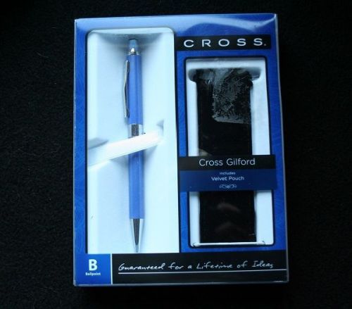 New Cross Gilford Ballpoint Pen Violet Blue w/ Chrome Velvet Bag Gift Set X-Mas